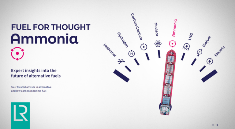 A graphic with a cargo ship used as a needle on a dial, pointing to “Ammonia”. The image also shows the words “Fuel for thought Ammonia, expert insights into the future of alternative fuels”, and “Your trusted adviser in alternative and low carbon maritime fuel”.