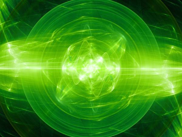A green atom graphic.