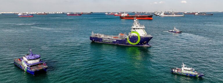 Fortescue's dual-fueled ammonia-powered vessel sets out from the Port of Singapore.