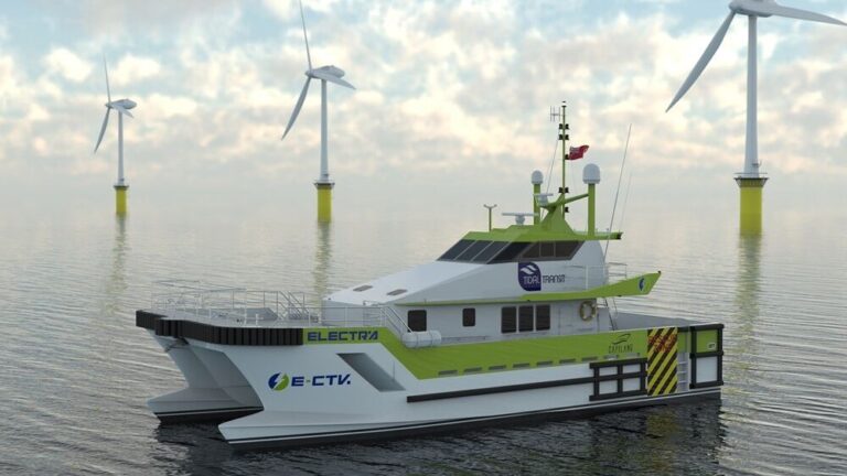 A render of E-Ginny next to an offshore wind farm.