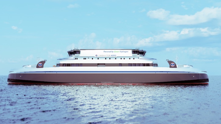 The image shows a graphical rendering of one of the new-build ro-pax ferries.