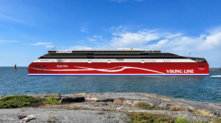 A render of a long, red ferry moves through the water, with the words “Electric” and “Viking Line” in white on it.