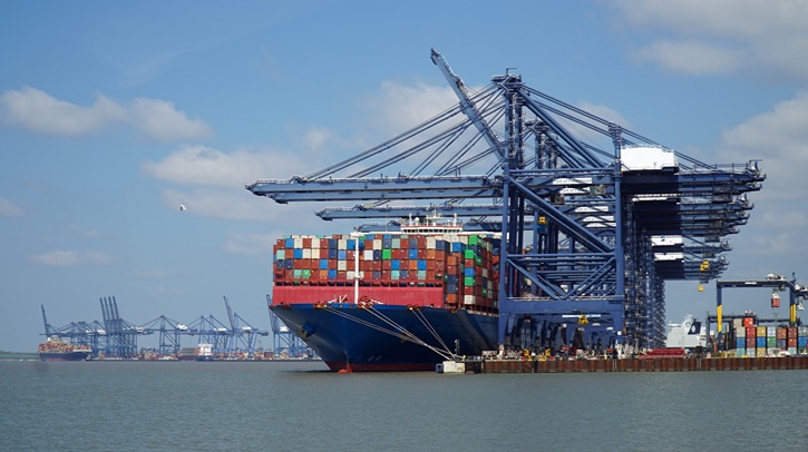 A container ship is loaded at Felixstowe Docks in Suffolk, England.