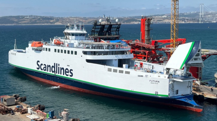 Scandlines’s €80m in (US$94m) hybrid-electric ferry sits in an outfitting quay.