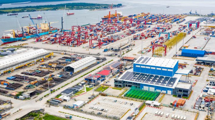 Solar panels cover the roof of facilities inaugurated in 2024 at APM Terminals' West Africa Container Terminal in Onne, Nigeria.