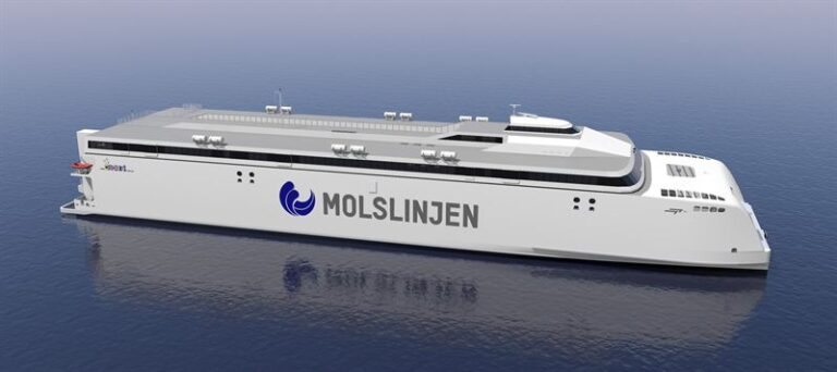 A render of a new battery-electric ferry for the Danish ferry operator Molslinjen, shown in profile on a calm sea with no other boats around