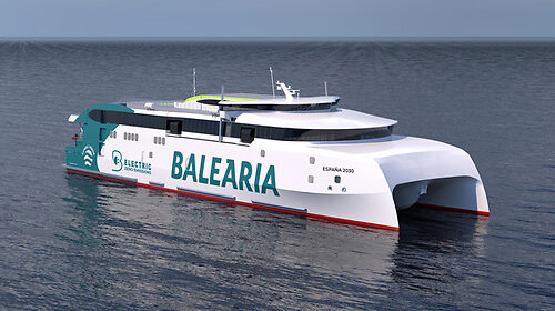 A render of an electric ferry powered by AYK Energy and operated by Baleària