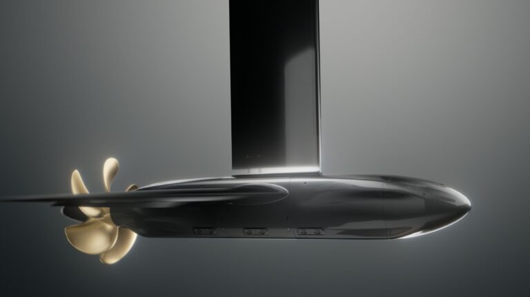 The submerged VS-Drive electric pod propulsion system from Vesseve, shown in marketing profile promo pic against a grey background