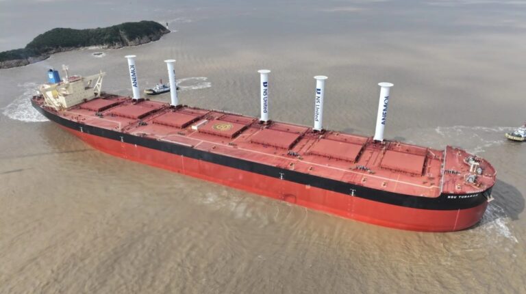 The NSU Nubarao 400,000 DWT ore carrier pictured with five Anemoi rotor sails