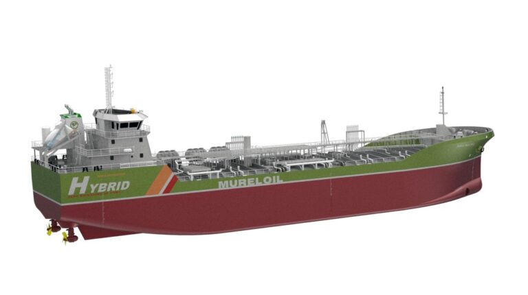 A Mureloil chemical tanker shown in profile, with a red-brown hull and a green livery.