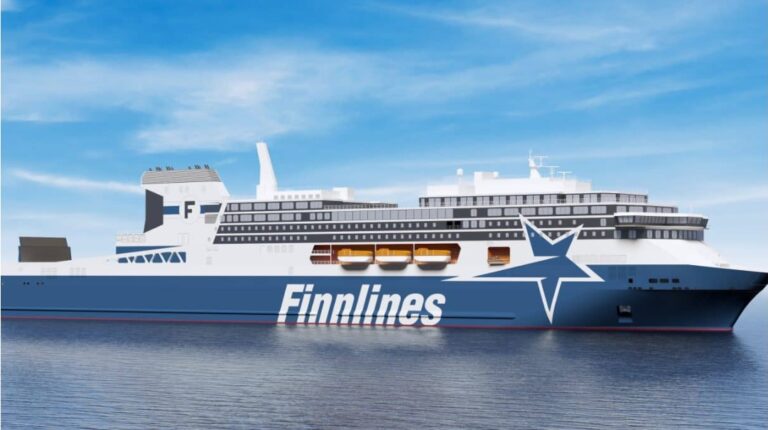 Artist render of a Finnlines ro-pax vessel with blue and white livery, a blue star and the company name in white
