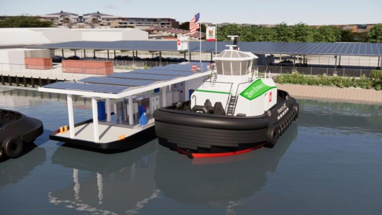 Motive Energy chosen to provide electric tugboat charging infrastructure for Curtin Maritime at the Port of Los Angeles An artist's design of how the charging infrasstructure will look, with an electric tugboat with a black hull and a white deck and superstructure with green company branding.