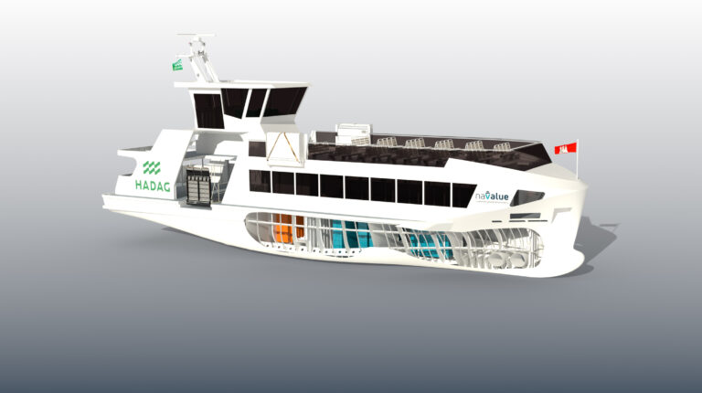 Lehmann Marine to supply battery systems for three Hamburg electric ferries A promo pic of a white HADAG electric ferry, with a cutaway showing the below-the-waterline compartments of the vessel.