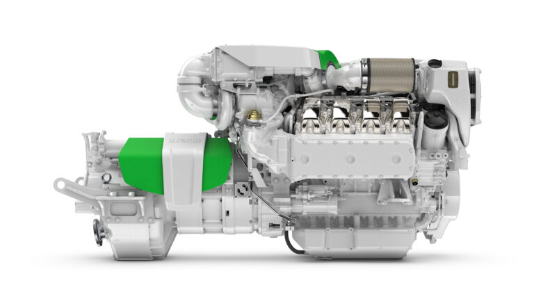 A MAN Engines hybrid propulsion system viewed in profile. It is metallic grey and green.