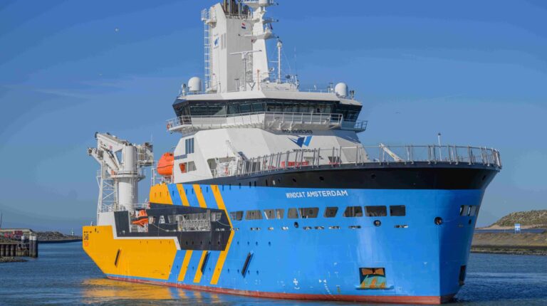 First Elevation series CSOV launched in Europe The Windcat Amsterdam Elevation series CSOV. The topside is mostly blue and yellow, the control cabin is white.