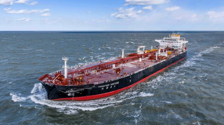 First smart “augmented ship” delivered in Wah Kwong new-build program The Frontier Venture new-build tanker, with a red and black hull and a red deck.