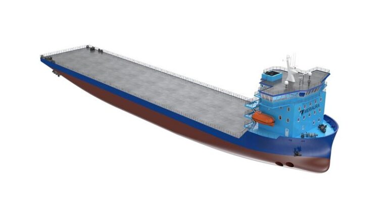 Artist render of the Meriaura cargo vessel, with a brown hill and dark blue deck, that is to be fitted with a Wärtsilä integrated propulsion system