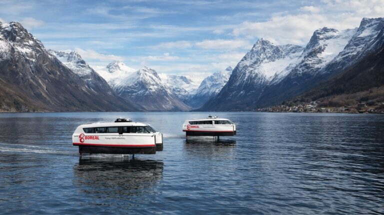 Boreal orders 20 Candela electric hydrofoil ferries Two Candela P-12 electric ferries in a Norwegian fjord.