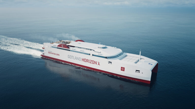 Echandia to supply battery system for Gotlandsbolaget hybrid ferry The Gotland Horizon X electric ferry, with a red hull and a white deck, sails through calm seas.