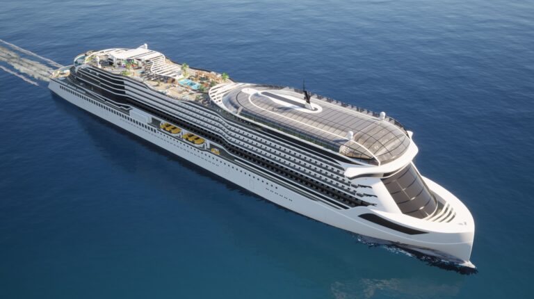 Meyer Werft unveils 100% battery-electric cruise ship concept Illustration depicting how the Meyer Werft 100% battery-electric Vision cruise ship will look. It has a redesigned sun deck, no funnels and is sailing through calm blue seas.