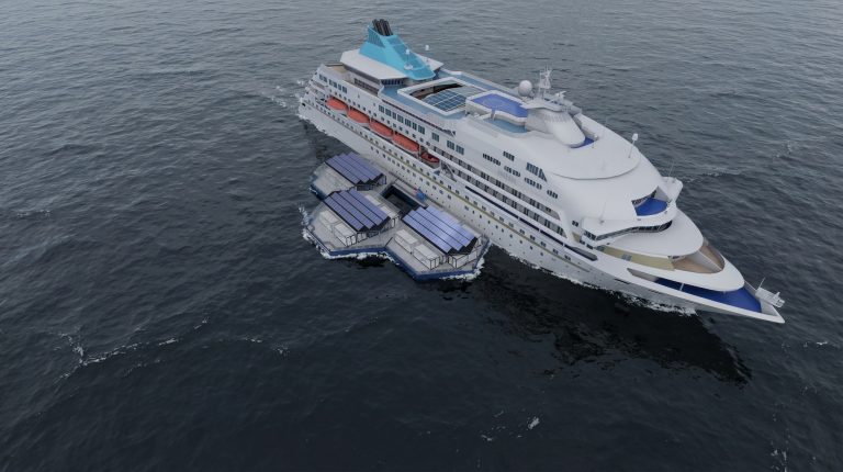 The ELIRE Maritime consortium grid-independent floating hydrogen floating power hub refuels a larger cruise ship at sea.