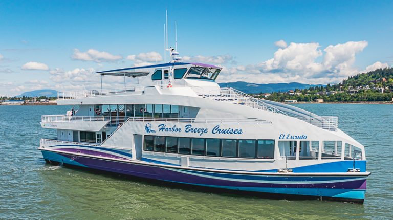 All American Marine delivers hybrid passenger vessel to Harbor Breeze Cruises Side-on photo of the hybrid passenger vessel delivered by All American Marine to Harbor Breeze Cruises. The vessel is white white blue and turquoise trim.