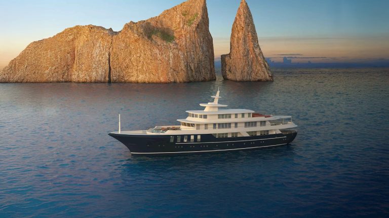 ABB modernizes Galápagos expedition yacht with hybrid-electric propulsion system The Quasar Expeditions yacht Galú parked close to a rocky coast.