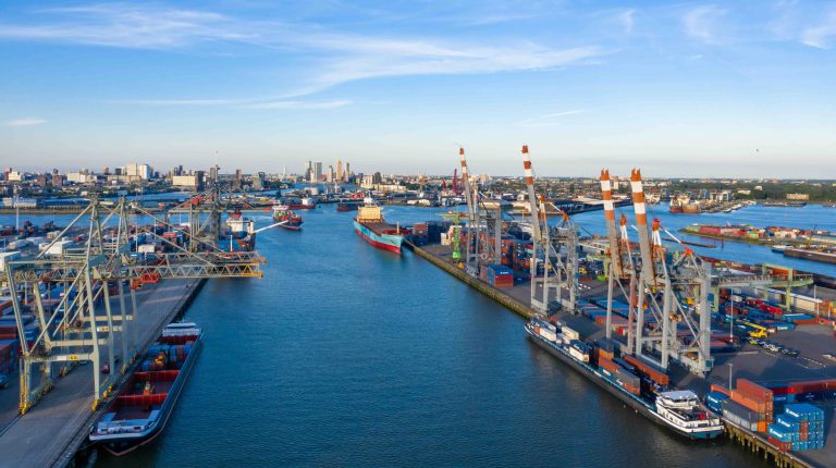 Rotterdam study sets out pathway for nuclear-powered commercial ship port calls Aerial view of the Port of Rotterdam in the Netherlands.