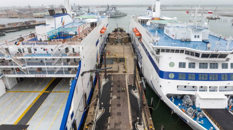 Aerial view of Portsmouth International Port's multi-berth shore power system.