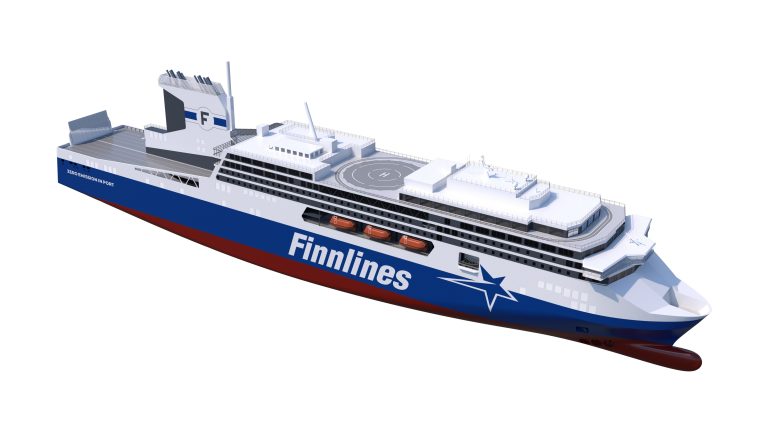 A Finnlines ferry shown in profile pic against a white background.