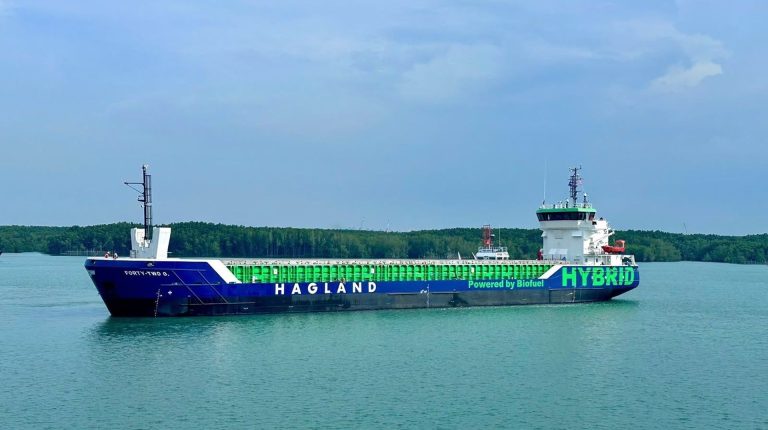 Hagland Shipping adds Damen 3850 Combi Freighter on time charter from Reederei Gerdes A Hagland Shipping vessel with a blue and green hull sails through calm green water.
