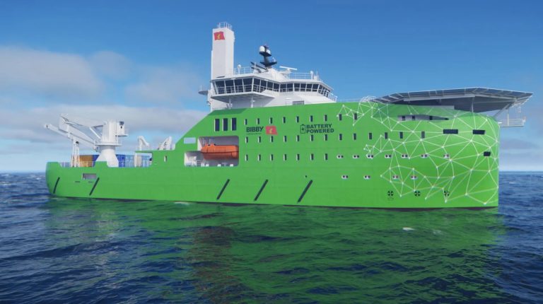 Bibby Marine says battery-first eCSOVs can deliver 40% fuel consumption reduction over traditional CSOV vessels A green Bibby Marine battery-first eCSOV in calm blue waters on a sunny day.