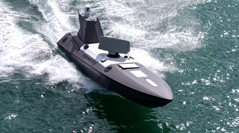 Kraken and Saab UK test autonomous drone-seeker prototype vessel The Kraken Scout vessel powering through a green sea.