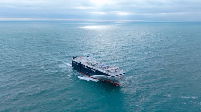 Suardiaz dual-fuel PCTC departs China for Europe; delivery expected later this year A Suardiaz Shipping Lines vessel sails through calm open waters.